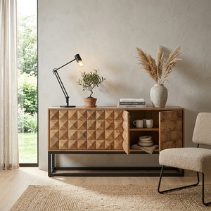 Dice Buffet <b>Sideboard</b> Modern Industrial Solid Wood <b>Storage</b> Cabinet With 3D Geometric Carved Doors And Black Metal Base Furniture - Product Image 3