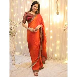 Atractivo rojo bordado satén ropa festiva sari con blusa - Product Image 6