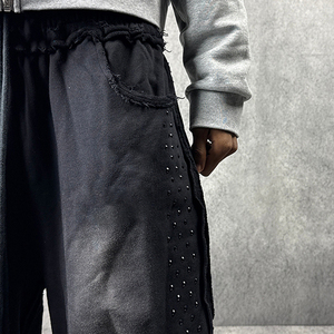 Pantalon Harem Homme Noir Respirant à Taille Élastique avec Cordon de Serrage, Déchirures Décontractées, Mi-Épais, en Tissu Peigné Anti-Boulochage, Lavage Acide, pour l'Automne - Product Image 4