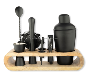 Juego de Herramientas de Bar de Acero Inoxidable con Soporte de Madera - Kit de Coctelería Negro de 10 Piezas para Uso en el Hogar y Bar - Product Image 1