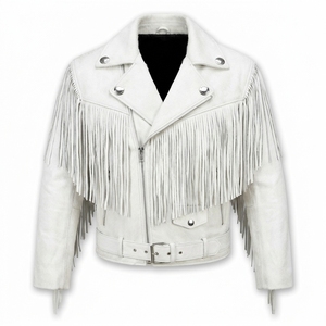Premium White Cow Skin Leather Men's Windproof Fringe Vintage <b>Western</b> Cowboy Biker Style <b>Jacket</b> OEM Customization Available - Product Image 1