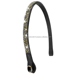 Banda para la frente de brida de caballo acolchada suave de cuero de alta calidad ecuestre con diamantes de imitación de cristales brillantes dorados y plateados personalizados - Product Image 2