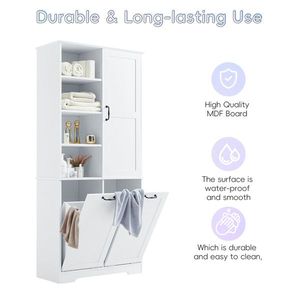 Mobiletto da Bagno Autoportante con Ante e Cassetti, Cesto Portabiancheria Ribaltabile Salvaspazio, Ripiani Aperti Multipli per Stoccaggio - Product Image 5