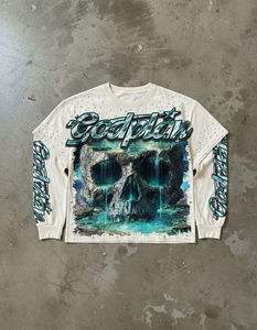 Camiseta de manga larga de doble capa con estampado gráfico DTG para hombre, con pedrería, corte holgado, de algodón grueso, estilo streetwear. - Product Image 2