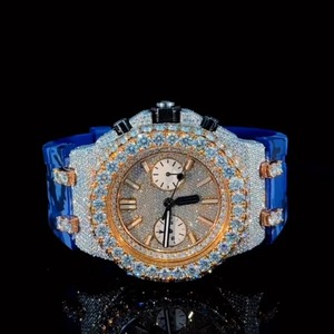 Montre de luxe pour homme en or rose, sertie de diamants Moissanite VVS taille ronde, style Hip Hop, avec bracelet en caoutchouc bleu - Product Image 1