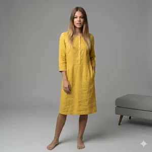 Luxury Yellow Plain Cotton Midi <b>Dress</b> With Button Front 3/4 Sleeve <b>Loose</b> Fit Boho Style Summer Casual <b>Dress</b> For Women - Product Image 1