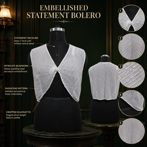 Boléro blanc à perles pour femmes |   Shrug court orné de paillettes avec décolleté en V profond, élégant pour soirée, fête ou mariage - Product Image 5