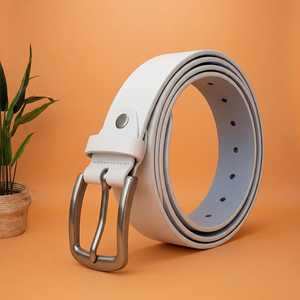 Ceinture décontractée vintage rivetée en cuir de vachette blanc massif avec boucle ardillon argentée, en cuir véritable rectangulaire, largeur 3,5 cm, 120 cm - Product Image 1