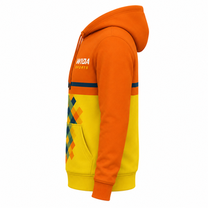 Custom 280–320 GSM <b>Orange</b> Yellow Geometric Sublimation Printed Polyester <b>Fleece</b> Pullover Sports Hoodie - Product Image 3