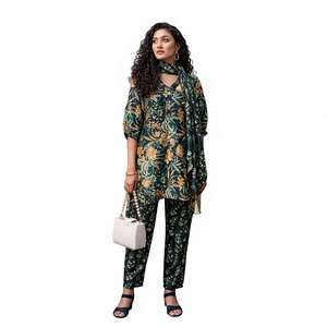 Ensemble coordonné élégant à imprimé floral pour femme, kurta et pantalon asymétriques ethniques contemporains, avec foulard assorti, idéal pour les fêtes, en polyester - Product Image 1