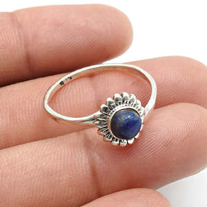Flower Design Boho Ring <b>Oxidized</b> With Brilliant Round Cut Natural Lapis Lazuli Gemstone Crafted From 925 Solid Sterling Silver - Product Image 1