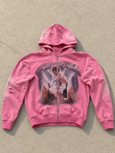 เสื้อฮู้ดซิปผู้ชายสีดำลายกราฟิกประดับเพชรเทียม สไตล์ดิสเทรส โอเวอร์ไซส์ หนานุ่ม สตรีทแวร์ แบรนด์ส่วนตัว O - Product Image 3