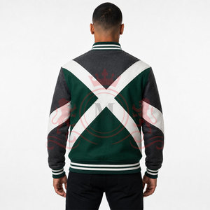 Best Selling Green <b>White</b> Cross Panel Letterman <b>Jacket</b> Soft Fabric Ribbed Cuffs Modern Street Style Everyday Comfort - Product Image 2