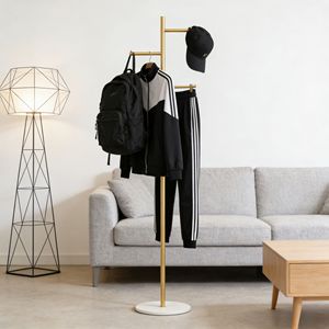 Appendiabiti Autoportante in Metallo Dorato con Base in Marmo, Appendiabiti Multiuso per Camera da Letto e Conservazione Cappelli - Product Image 6