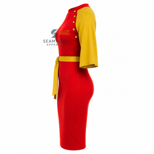 NSPDK Vestido midi ajustado de color rojo y dorado con bloques de color en contraste para mujer, vestido informal ajustado con detalle de botones y lazo en la cintura - Product Image 4