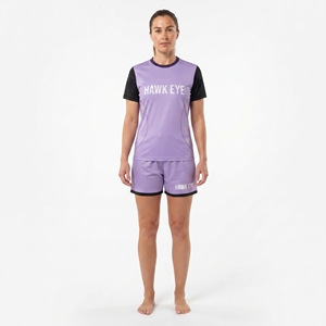 Conjunto de camiseta de fútbol para mujer, color morado, negro, manga corta, cuello redondo, top y pantalón corto, ropa deportiva para todas las estaciones - Product Image 1