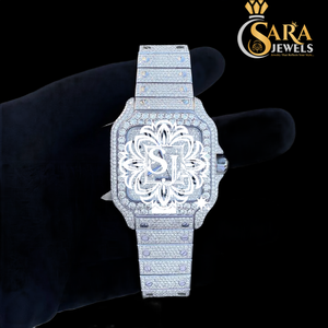 คุณภาพสูงนาฬิกาอะนาล็อกสองโทนสแตนเลสสีขาวทอง VVS Moissanite หน้าปัดเพชรหรูหราสไตล์แฟชั่นแนวฮิปโบราณ - Product Image 1
