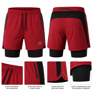 Men's Red Two <b>Layer</b> Sport Shorts With Drawstring And Zip Pockets Custom Logo Front - Product Image 6