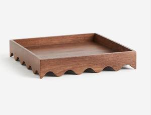 Premium Handcrafted <b>Solid</b> Acacia <b>Wood</b> Rectangular Serving Tray With Scalloped Edge Decorative Wooden Breakfast Coffee Ottoman - Product Image 4