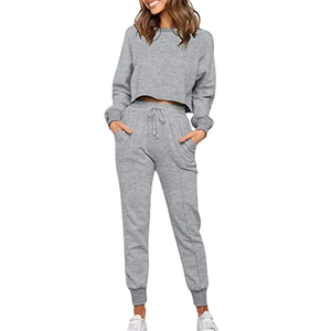 Women Solid Green <b>Crop</b> Top and <b>Jogger</b> Pants Set CasualTracksuit Full Sleeve Crew Neck Drawstring Side Pockets 100% Cotton - Product Image 3