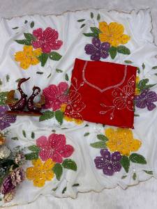 Hermoso sari de seda tabby suave con estampado floral a mano, adornado con cuentas y lentejuelas, y blusa Banglory con cuentas y lentejuelas. - Product Image 6