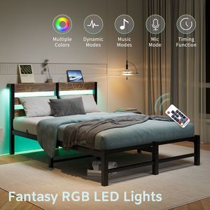 Struttura letto matrimoniale in metallo con testiera in legno, luci RGB e ripiano portaoggetti con caricatore - Stile rustico - Non richiede rete a molle - Product Image 2