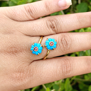Wholesale custom jewelry double blue turquoise hand carved flower shape <b>adjustable</b> <b>ring</b> 18k gold plated statement <b>ring</b> for women - Product Image 1
