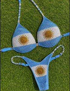 2026 Premium High Quality <b>Rhinestone</b> Argentine Flag <b>Bikini</b> Set Sparkling Crystal Embellished Triangle Top & Thong Swimwear - Product Image 1