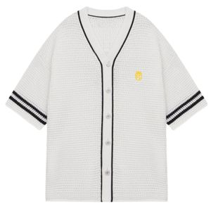 Men Crochet Knitted Baseball <b>Shirt</b> Short Sleeve Button Down Stripe Trim Casual Summer Knit Top OEM Wholesale Supply - Product Image 1
