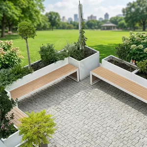 Bancos Modernos para Jardín en Azoteas con Asientos de Listones de Madera, Estructuras Metálicas Blancas y Macetas Integradas para Terrazas Exteriores - Product Image 5