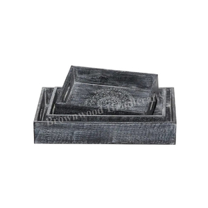 Bandeja de madera de mango tallada a mano de forma rectangular de buena calidad para restaurantes y hoteles, de la India, para servir alimentos, vendida en todo el mundo. - Product Image 1