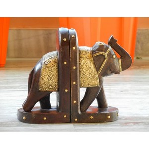 Premium Teak Wood Elephant Carved <b>Bookends</b> with Brass Inlay - Wholesale - Product Image 4