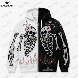 Sweat-shirt à capuche zippé pour homme, style gothique, noir et blanc, squelette, broderie strass, streetwear, mode - Product Image 3
