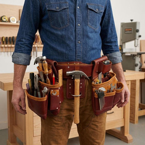 Ceinture à outils de charpentier en cuir premium faite à la main, avec plusieurs compartiments pour outils, coutures renforcées et boucle pour marteau, à vendre - Product Image 3