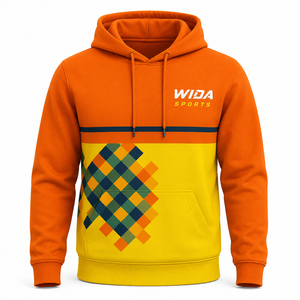 Custom 280–320 GSM <b>Orange</b> Yellow Geometric Sublimation Printed Polyester <b>Fleece</b> Pullover Sports Hoodie - Product Image 1