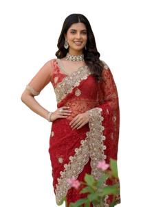 Heavy Look Bridal Sari Traditional Indian Designer Net <b>Saree</b> <b>Blouse</b> Women's Party Wear Embroidery Work with Pearls Diamonds Work - Product Image 4