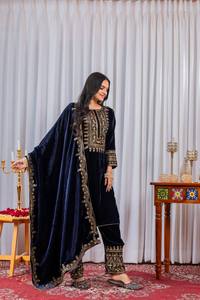 Ensemble femme vintage en velours épais polyester/coton, salwar kameez brodé avec dupatta, séchage rapide, toutes saisons, tenue de fête - Product Image 2
