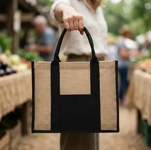 Sac fourre-tout en jute naturel grande capacité, noir avec bordure contrastante, écologique, pour la plage et le shopping, pour femmes - Product Image 3