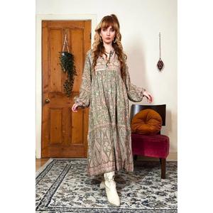 Women Vintage Boho Paisley Maxi Dress Long Sleeve Loose Fit Ethnic Printed Casual Midi Dress - Product Image 1