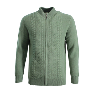 Men's Green Knitted Zipper <b>Cardigan</b> <b>Full</b> Sleeve Solid Color Autumn Sweater 100% Acrylic Regular Fit - Product Image 1