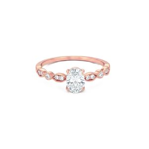 Bague de fiançailles romantique en moissanite et diamant, or massif 14 carats, avec accents de diamants de laboratoire ovales et ronds, et bande torsadée en forme de vigne - Product Image 2