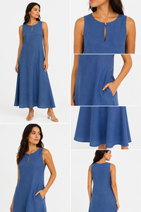 Vestido Maxi de Algodón para Mujer, Estilo Veraniego, Color Azul Rey, Cuello con Abertura, Sin Mangas, Casual, para Día a Día, para Damas, para Vacaciones - Product Image 2