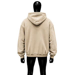 Sudadera con capucha beige desgastada con cremallera y mangas con pedrería, estilo oversize, streetwear, lavado vintage, estética grunge, unisex, casual. - Product Image 2