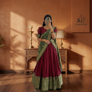 Lehenga Choli en soie marron pour femmes avec bordure verte, tenue traditionnelle indienne, tenue ethnique longue jusqu'au sol, toutes saisons - Product Image 3