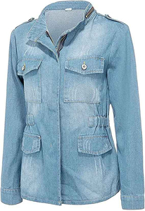 Women Blue Denim <b>jeans</b> Jacket ladies Short style <b>jeans</b> jacket lapel <b>button</b> denim <b>jeans</b> jacket - Product Image 4