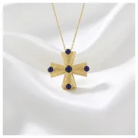 Collier pendentif croix en pierre précieuse naturelle Lapis Lazuli pour femmes, plaqué or 18 carats, laiton, bijoux religieux chrétiens pour tous les jours