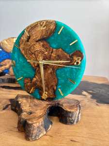 Handmade Olive Wood & Turquoise Epoxy Resin <b>Clock</b>: Unique Desk Decor - Product Image 5