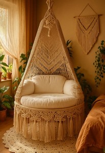 Silla Columpio Boho de Macramé, Asiento Colgante de 42”, Columpio Interior Hecho a Mano, Regalo de Inauguración, Silla Acogedora, Decoración Bohemia - Product Image 1