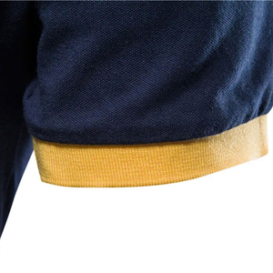 Polo à manches courtes pour homme, bleu marine, couleur unie, tricot piqué, style décontracté avec col et poignets jaunes - Product Image 4