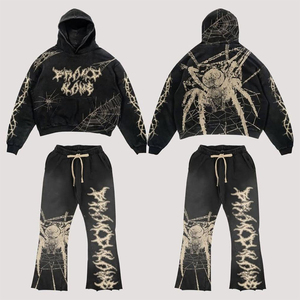 Gothic Spider Print <b>Tracksuit</b> Set Black Vintage Washed Hoodie Wide Leg Pants Streetwear Outfit - Product Image 1